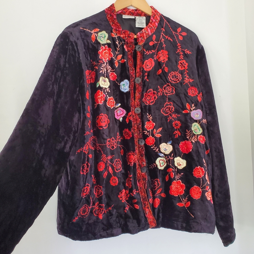 Black Velvet Floral Embroidery Jacket Sz XL Brocade Button Up Colorful Arty EUC